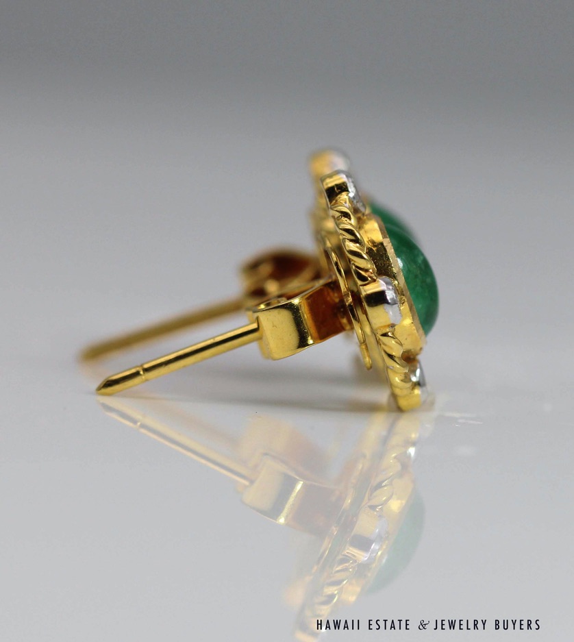 Oval Emerald Cabochon & Diamond 22K Yellow Gold Stud Earrings - Image 3