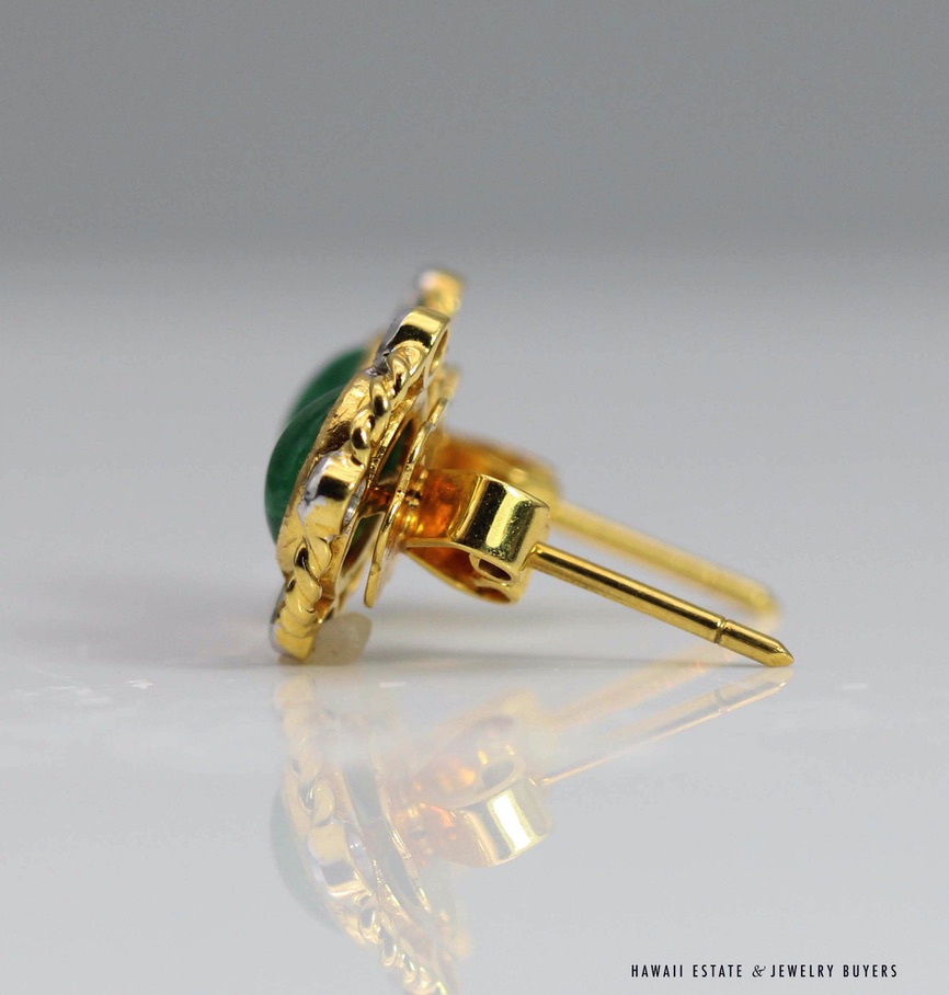 Oval Emerald Cabochon & Diamond 22K Yellow Gold Stud Earrings - Image 2