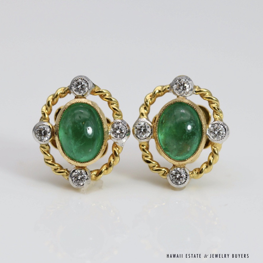 Oval Emerald Cabochon & Diamond 22K Yellow Gold Stud Earrings