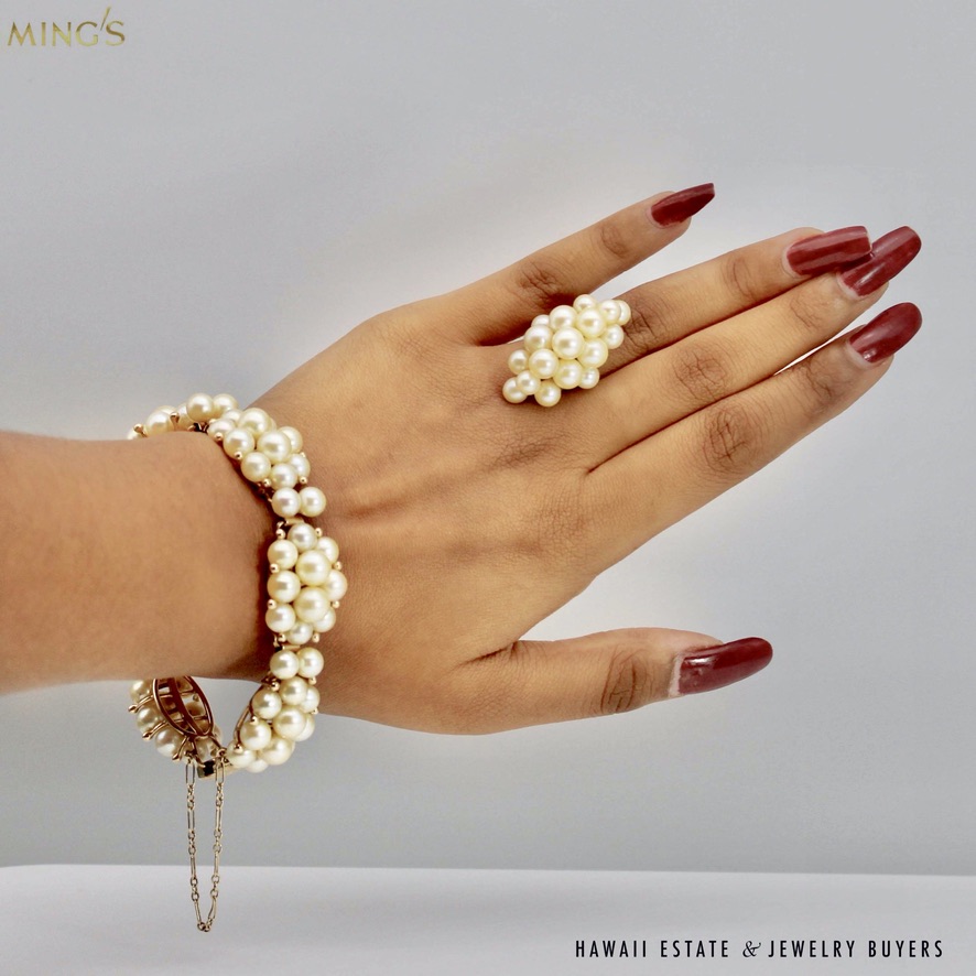 RARE MING'S 14KYG CHAMPAGNE CULTERED PEARL RING & BRACELET SET