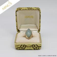 MING'S 7.5g 14KYG PALE GREEN JADE MARQUISE CAB RING SIZE 6.75 WITH BOX