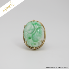 MING'S 14.5g 14KYG WHITE & GREEN JADE CARVED GOURD RING SIZE 8