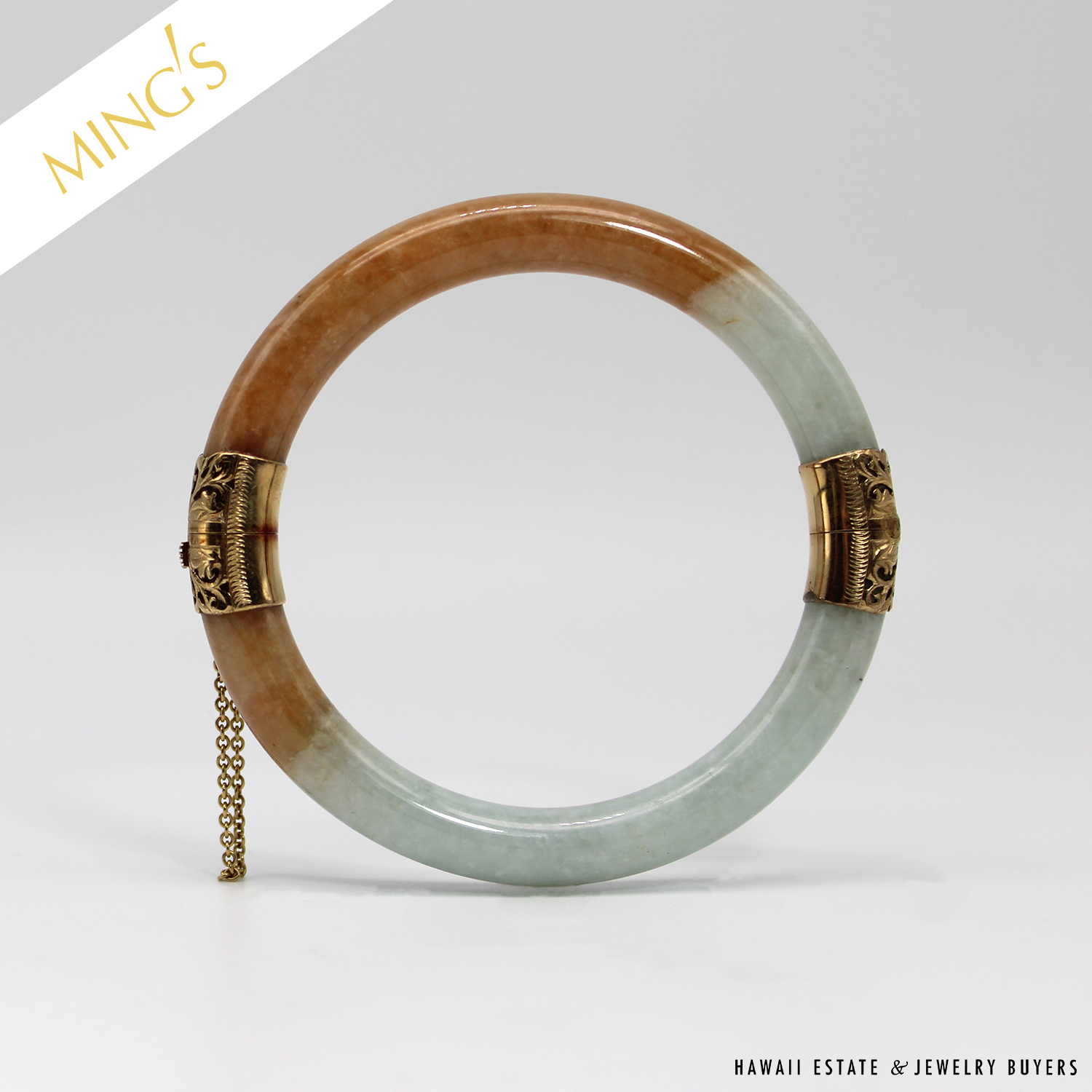 hamumi1430様３点 MING'S 42.9g 14KYG GREY & BROWN JADE HINGED BANGLE BRACELET SIZE 7