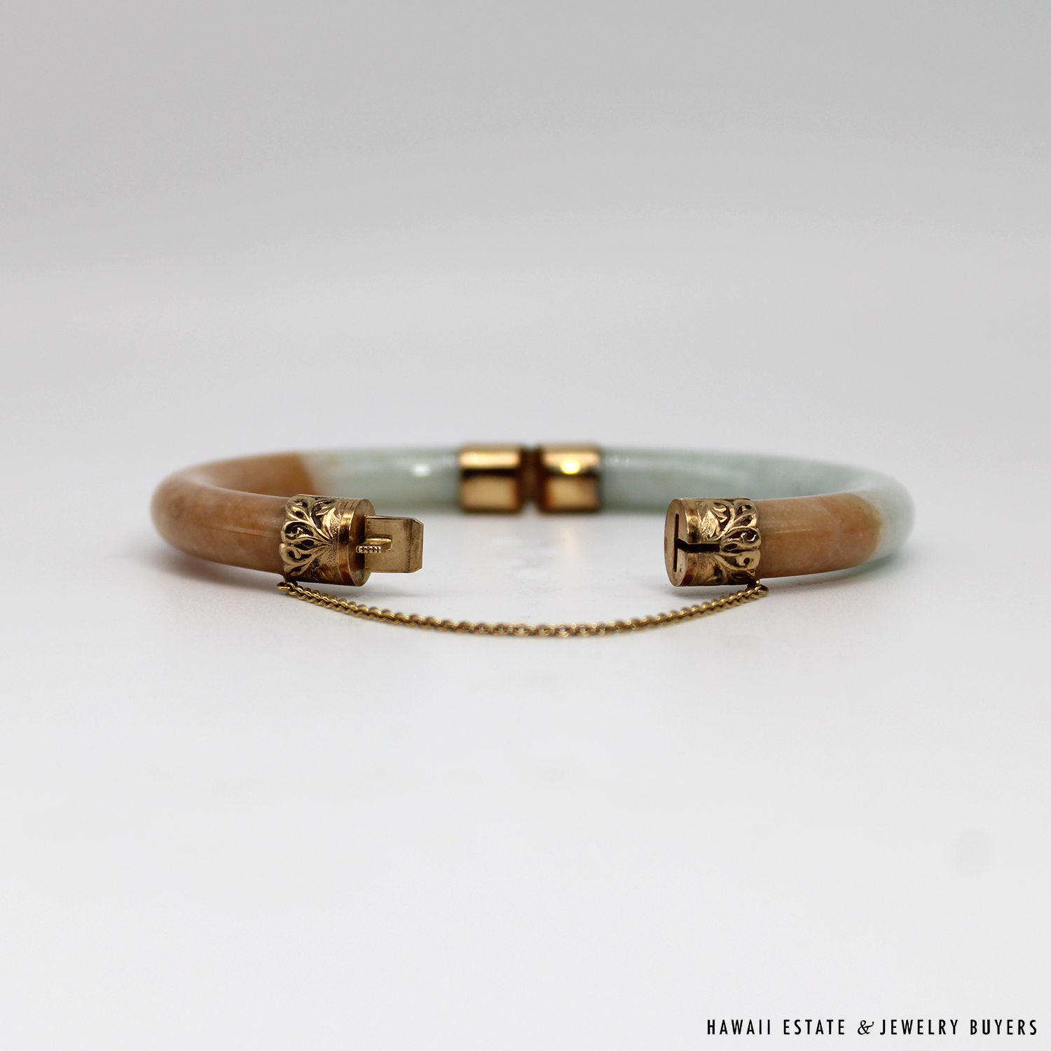 MING'S 42.9g 14KYG GREY & BROWN JADE HINGED BANGLE BRACELET SIZE 7