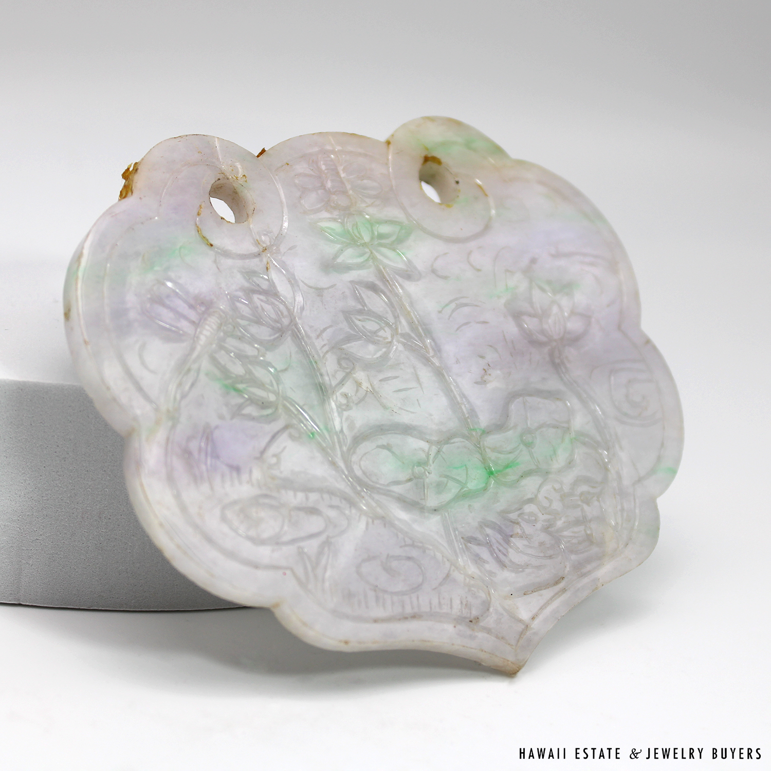 Carved Lavender & Green Jade Leaf-Shaped Scalloped Pierced Pendant