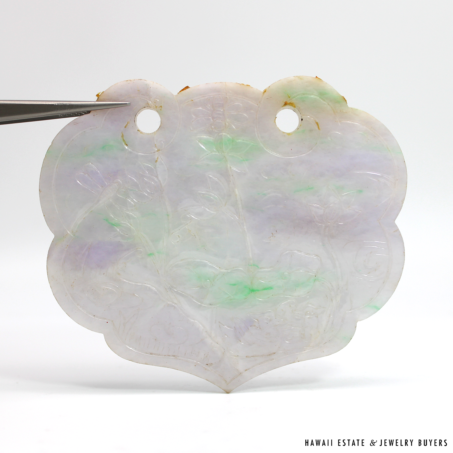 Carved Lavender & Green Jade Leaf-Shaped Scalloped Pierced Pendant - Image 2