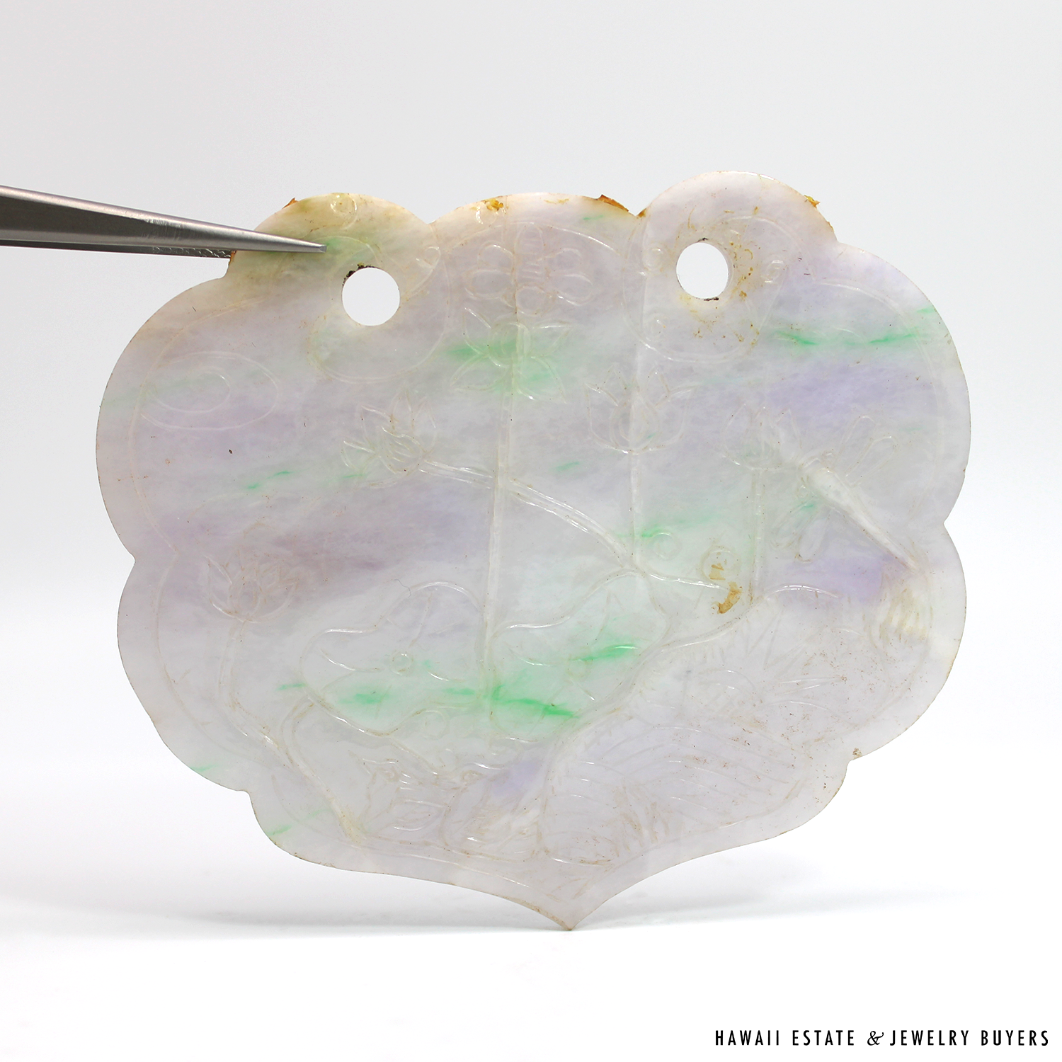 Carved Lavender & Green Jade Leaf-Shaped Scalloped Pierced Pendant - Image 3
