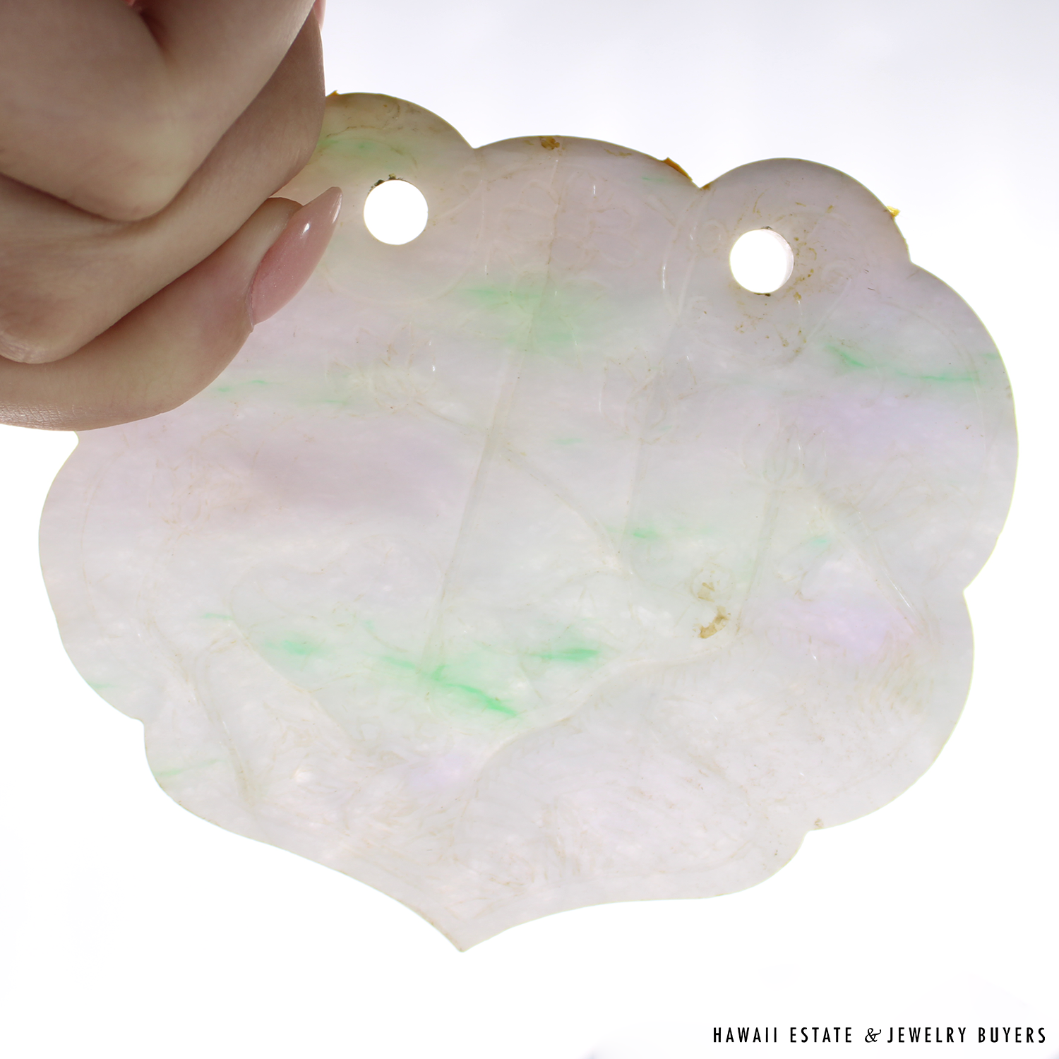 Carved Lavender & Green Jade Leaf-Shaped Scalloped Pierced Pendant - Image 10