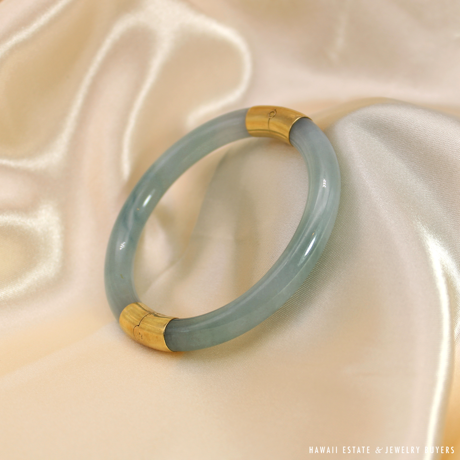 Pale Green Jade Hinged Bangle Bracelet Size 7 with 18K Yellow Gold End Caps