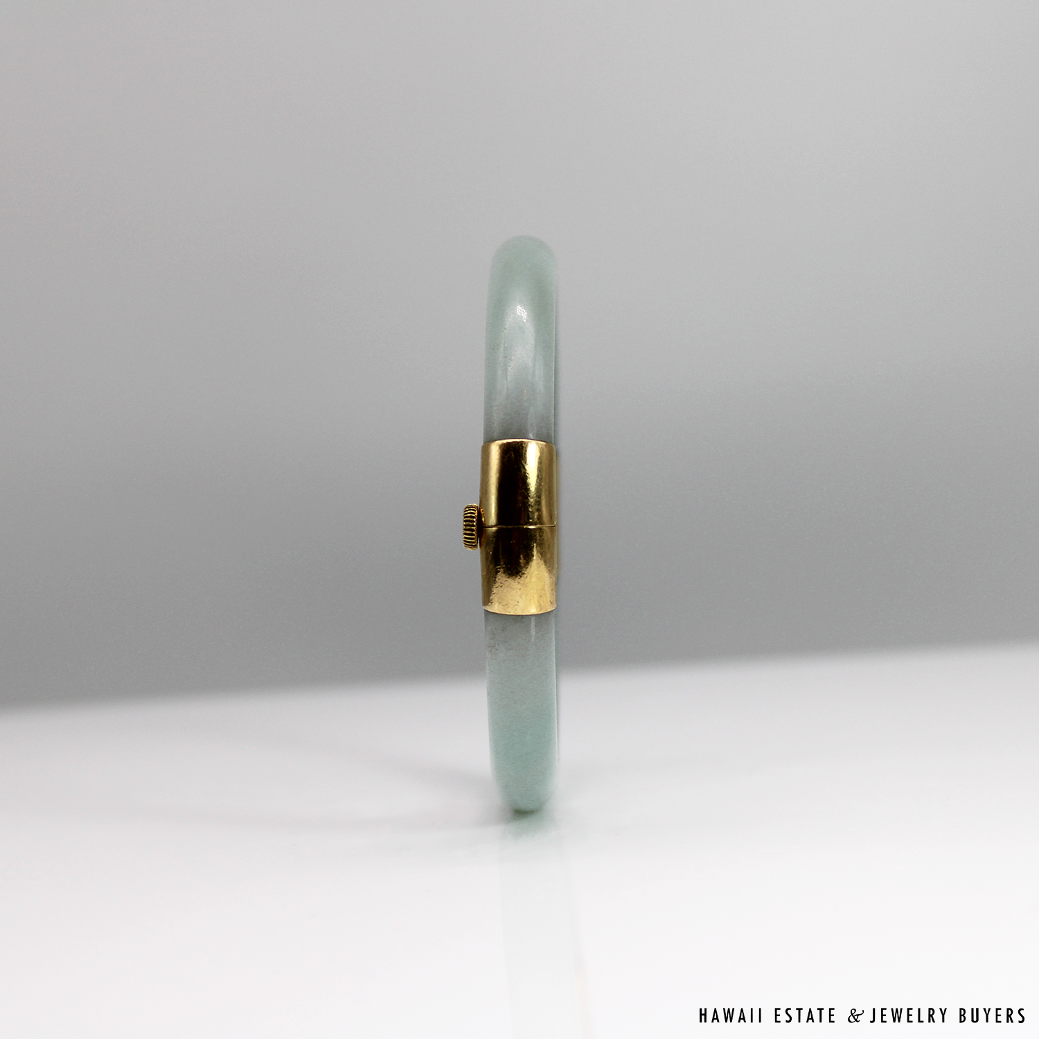 Pale Green Jade Hinged Bangle Bracelet Size 7 with 18K Yellow Gold End Caps - Image 10