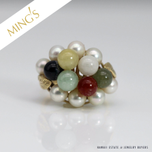 MING'S 6.2g 14KYG MULTI JADE & PEARL CLUSTER W/LEAF MOTIF RING SIZE 5.5