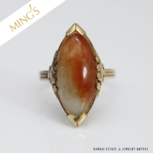 MING'S 3.8g 14KYG 22x10mm MOTTLED RED & WHITE JADE RING SIZE 7