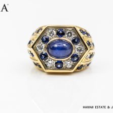 GIA 24.5g 18KYG/PLATINUM SAPPHIRE AND DIAMOND RING SIZE 7