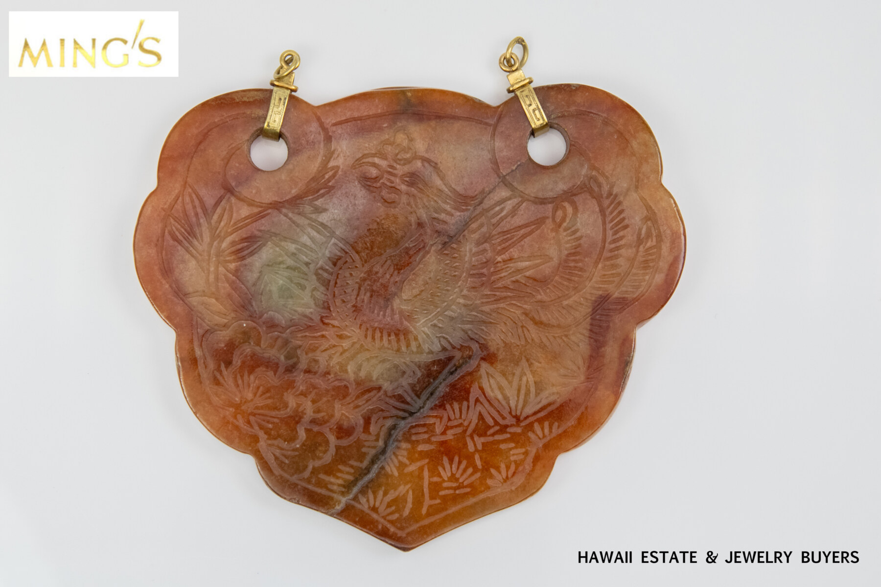 龍凰 MING'S 14KYG 94.5g RED JADE DRAGON & PHOENIX CARVED MEDALLION