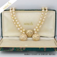 MING'S SET 14KYG BIRD IN PLUM PEARL NECKLACE AND EARRINGS WITH BOX