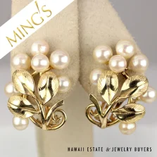 MING'S 9.2g 14KYG 5-5.5mm CULTURED PEARL CLUSTER CLIP EARRING MEASURE 27X20mm
