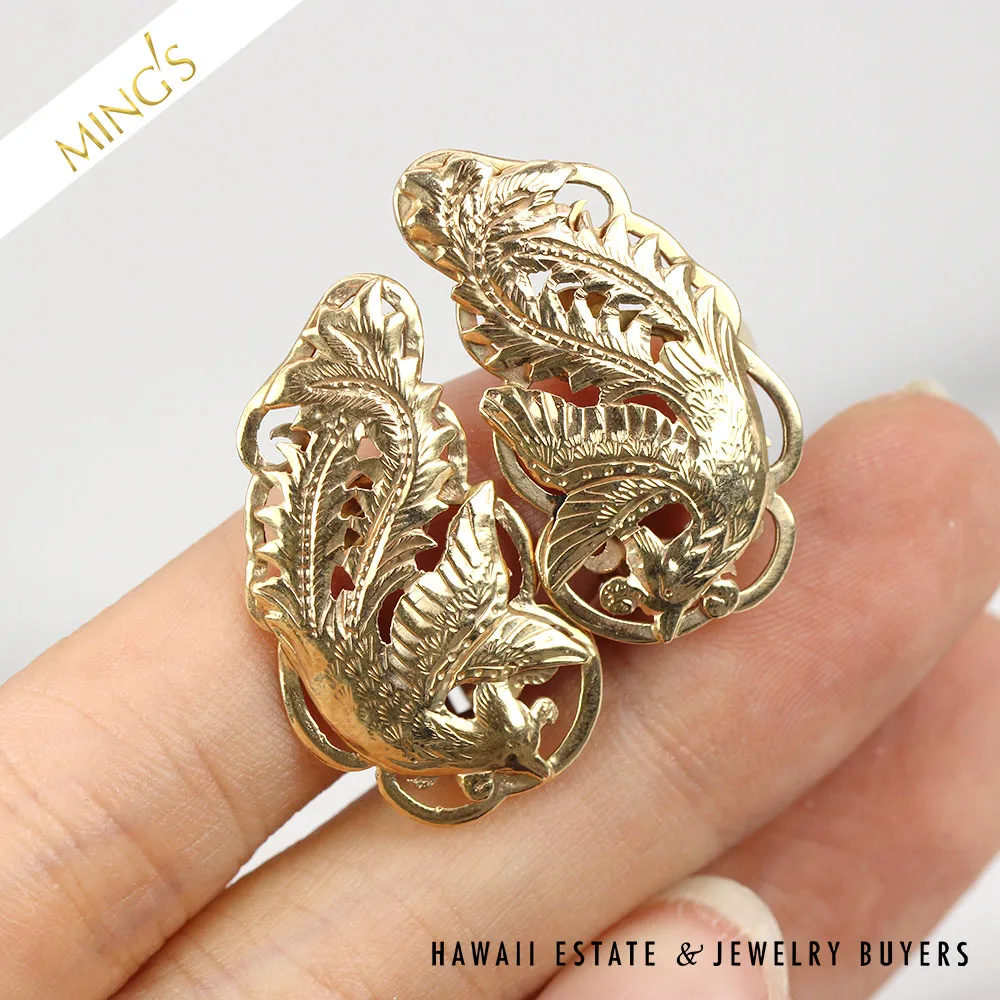 MING'S RARE CARVED PHOENIX 6.3g 14K YELLOW GOLD CLIP EARRINGS - Image 2