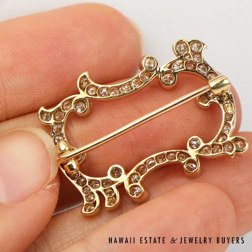 Vintage Old European Cut Diamond Platinum & 16K Gold Openwork Brooch - Image 2
