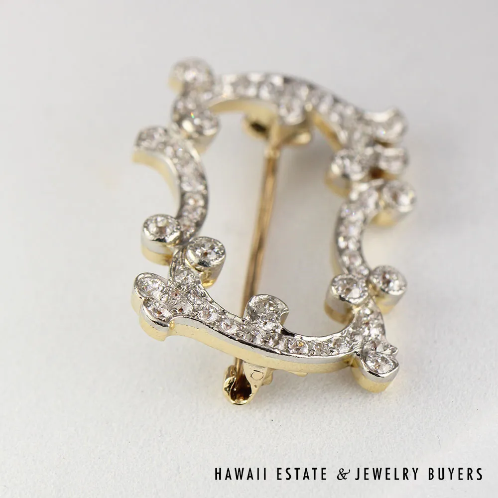 Vintage Old European Cut Diamond Platinum & 16K Gold Openwork Brooch - Image 4