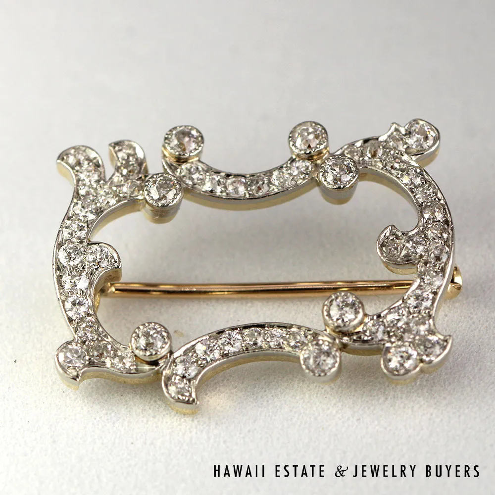 Vintage Old European Cut Diamond Platinum & 16K Gold Openwork Brooch - Image 7