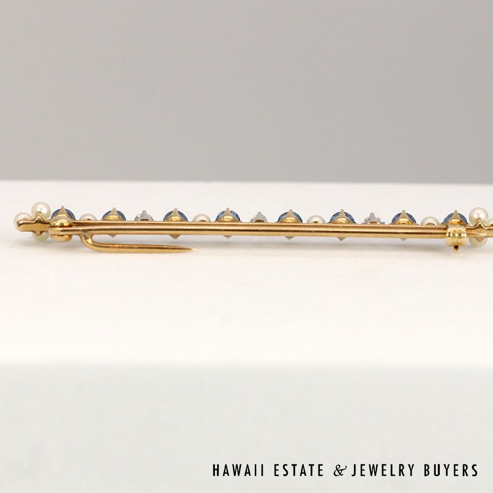 Vintage Royal Blue Sapphire Diamond Seed Pearl 14K Yellow Gold Bar Pin Brooch - Image 3