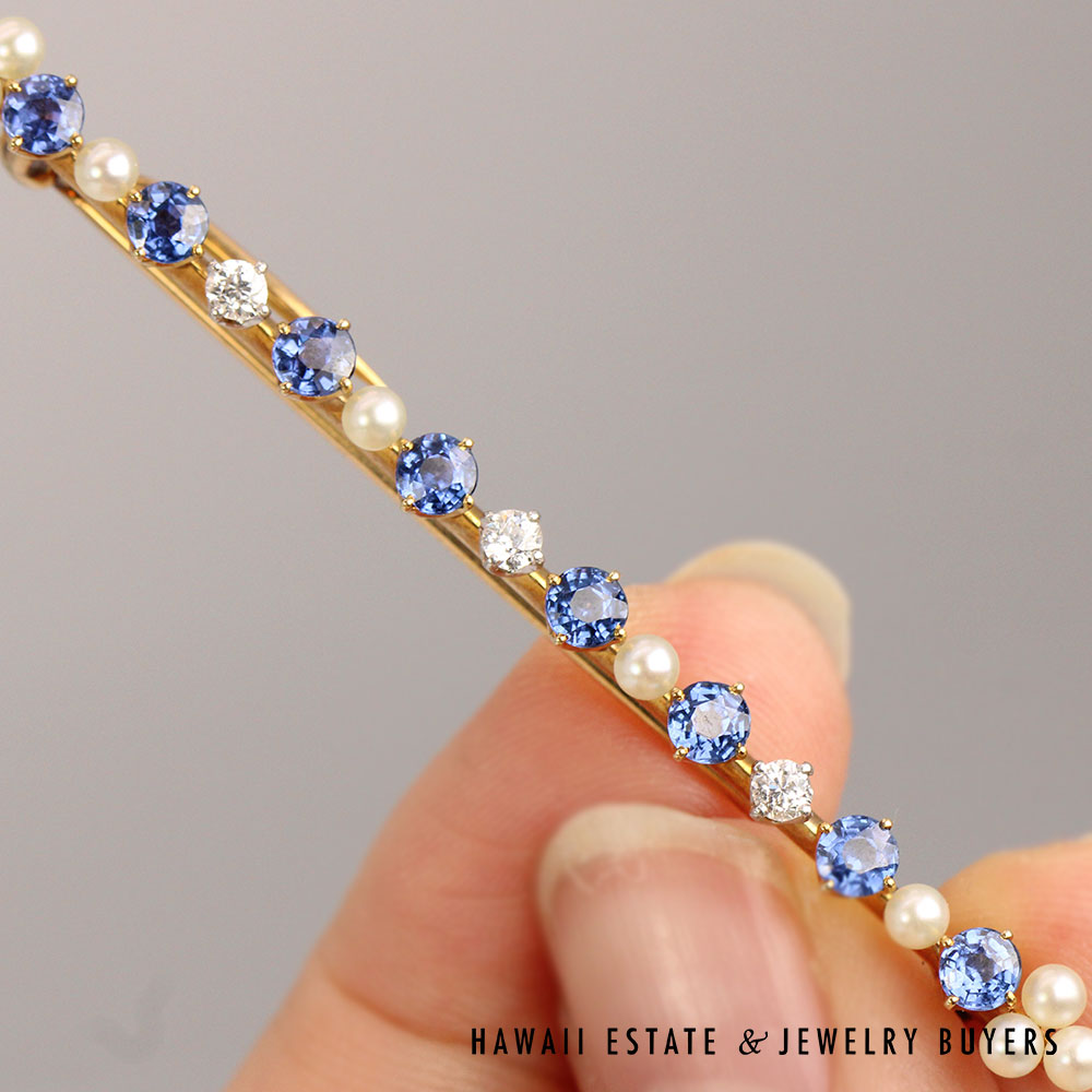 Vintage Royal Blue Sapphire Diamond Seed Pearl 14K Yellow Gold Bar Pin Brooch