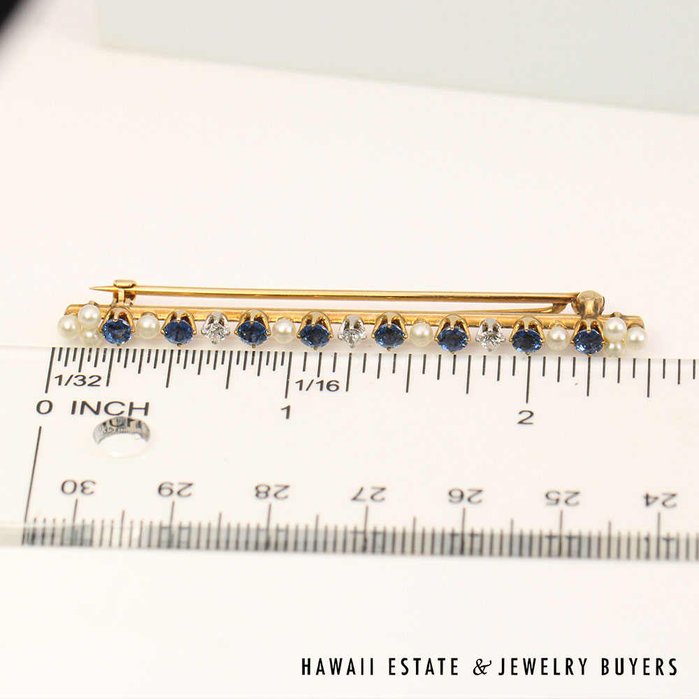 Vintage Royal Blue Sapphire Diamond Seed Pearl 14K Yellow Gold Bar Pin Brooch - Image 2