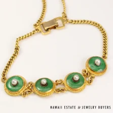 24K Yellow Gold Green Jade Disc and Pearl Bracelet Size 6.25 16.7g
