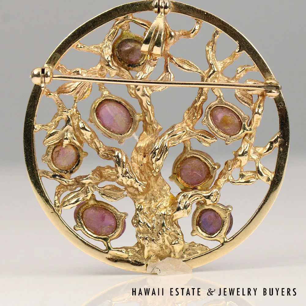 10ctw PINK SAPPHIRE CABOCHON TREE OF LIFE 19.3g 14K YELLOW GOLD PENDANT BROOCH - Image 3