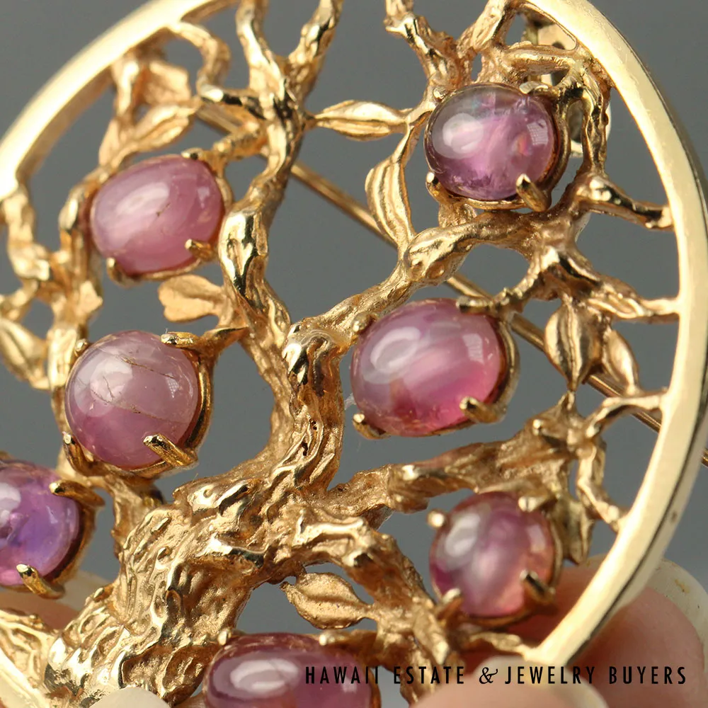 10ctw PINK SAPPHIRE CABOCHON TREE OF LIFE 19.3g 14K YELLOW GOLD PENDANT BROOCH - Image 2