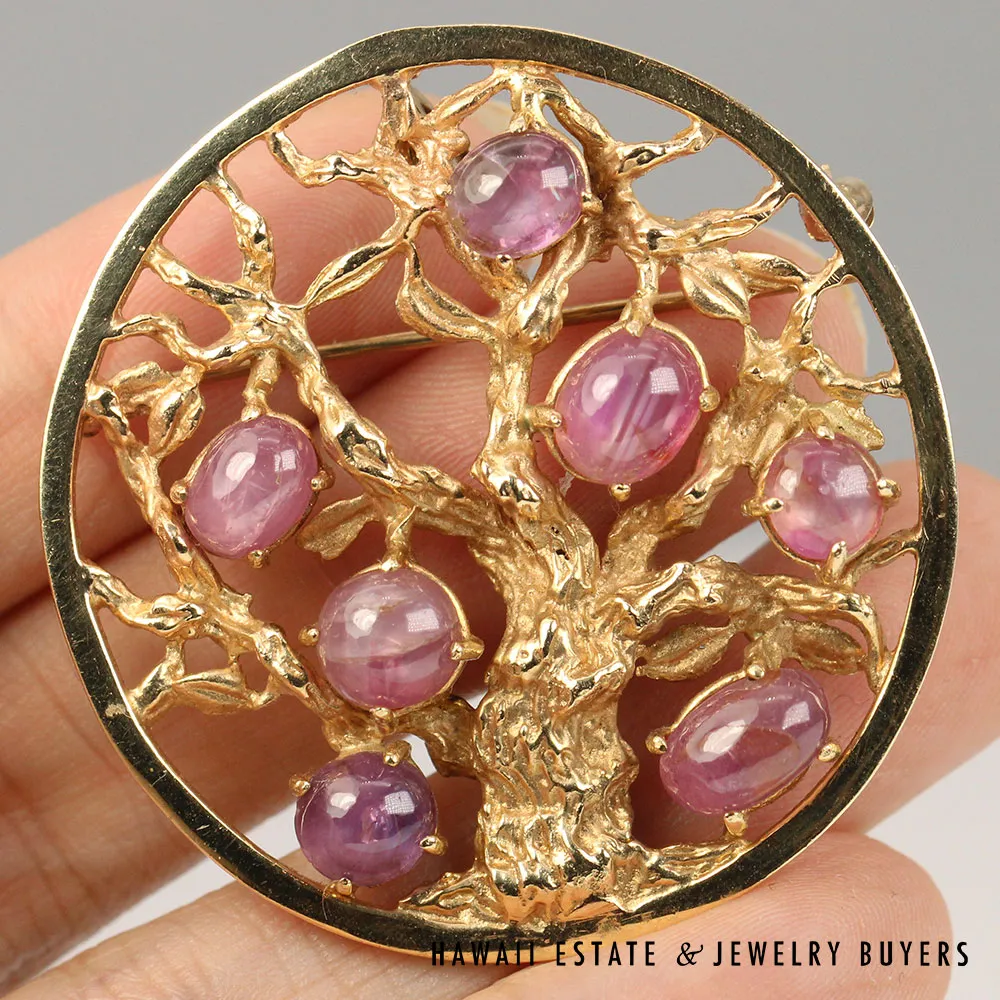 10ctw PINK SAPPHIRE CABOCHON TREE OF LIFE 19.3g 14K YELLOW GOLD PENDANT BROOCH