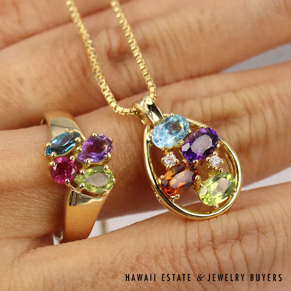 Vintage H Stern Multi Color Gemstones Necklace And Ring 18K Yellow