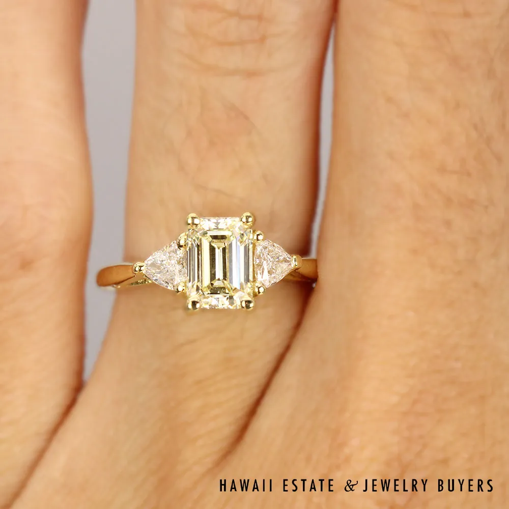 Emerald Cut & Trillion Diamond 18K Yellow Gold Engagement Ring Size 4