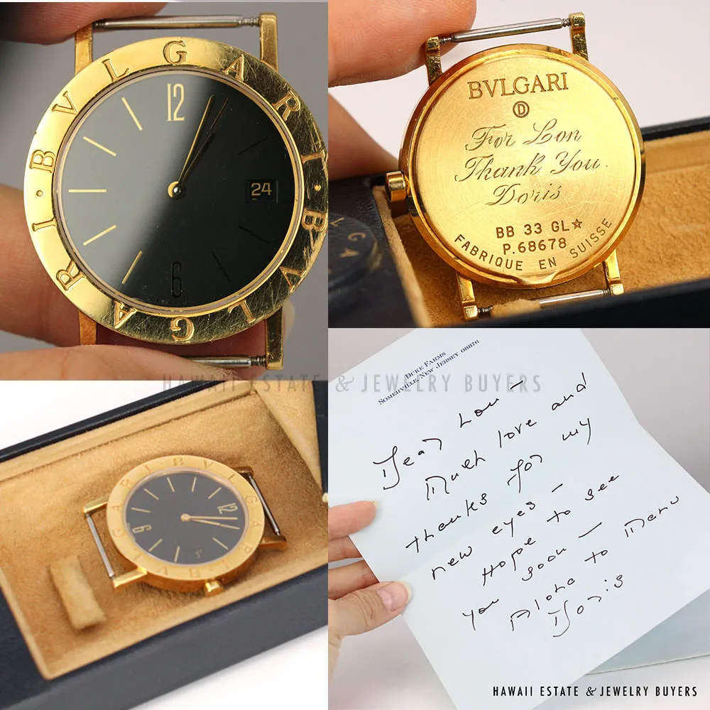 Collage showing the Bvlgari watch face, engraved case back, open box and handwritten letter.