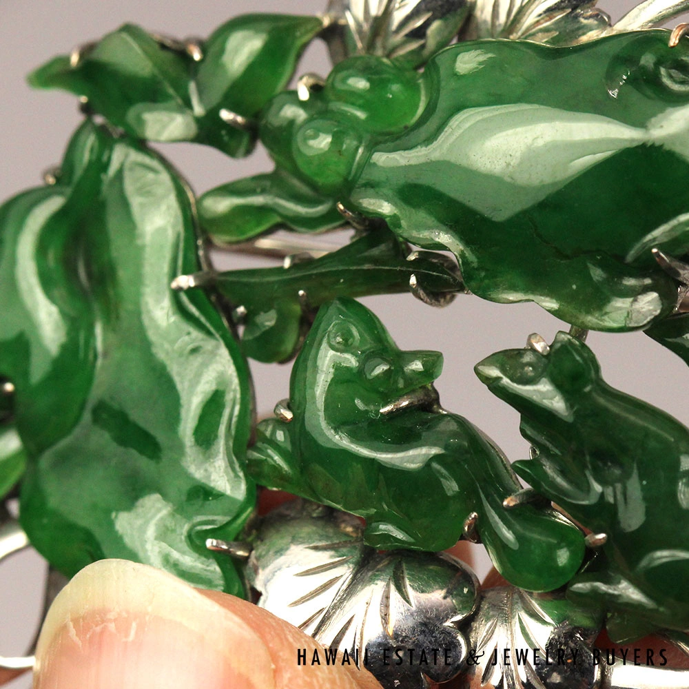 GIA NATURAL GREEN JADE BROOCH 15.3g 14K WHITE GOLD 30x12mm - Image 7
