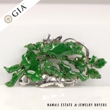 GIA NATURAL GREEN JADE BROOCH 15.3g 14K WHITE GOLD 30x12mm