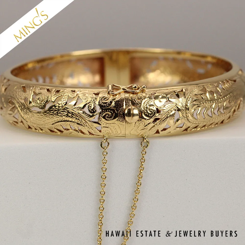 MING'S 14mm DRAGON & PHOENIX HINGED 27.9g 14K YG BANGLE BRACELET SIZE 7.75 - Image 4