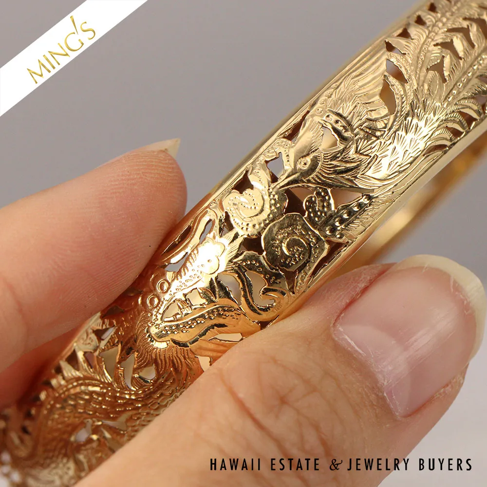 MING'S 14mm DRAGON & PHOENIX HINGED 27.9g 14K YG BANGLE BRACELET SIZE 7.75 - Image 3