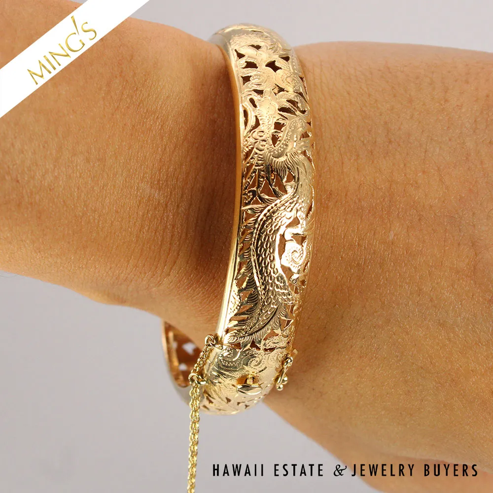 MING'S 14mm DRAGON & PHOENIX HINGED 27.9g 14K YG BANGLE BRACELET SIZE 7.75