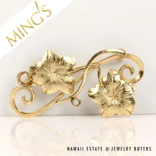 MING'S TWIN FLOWER 4g 14K YELLOW GOLD BROOCH MEASURES 44x29mm