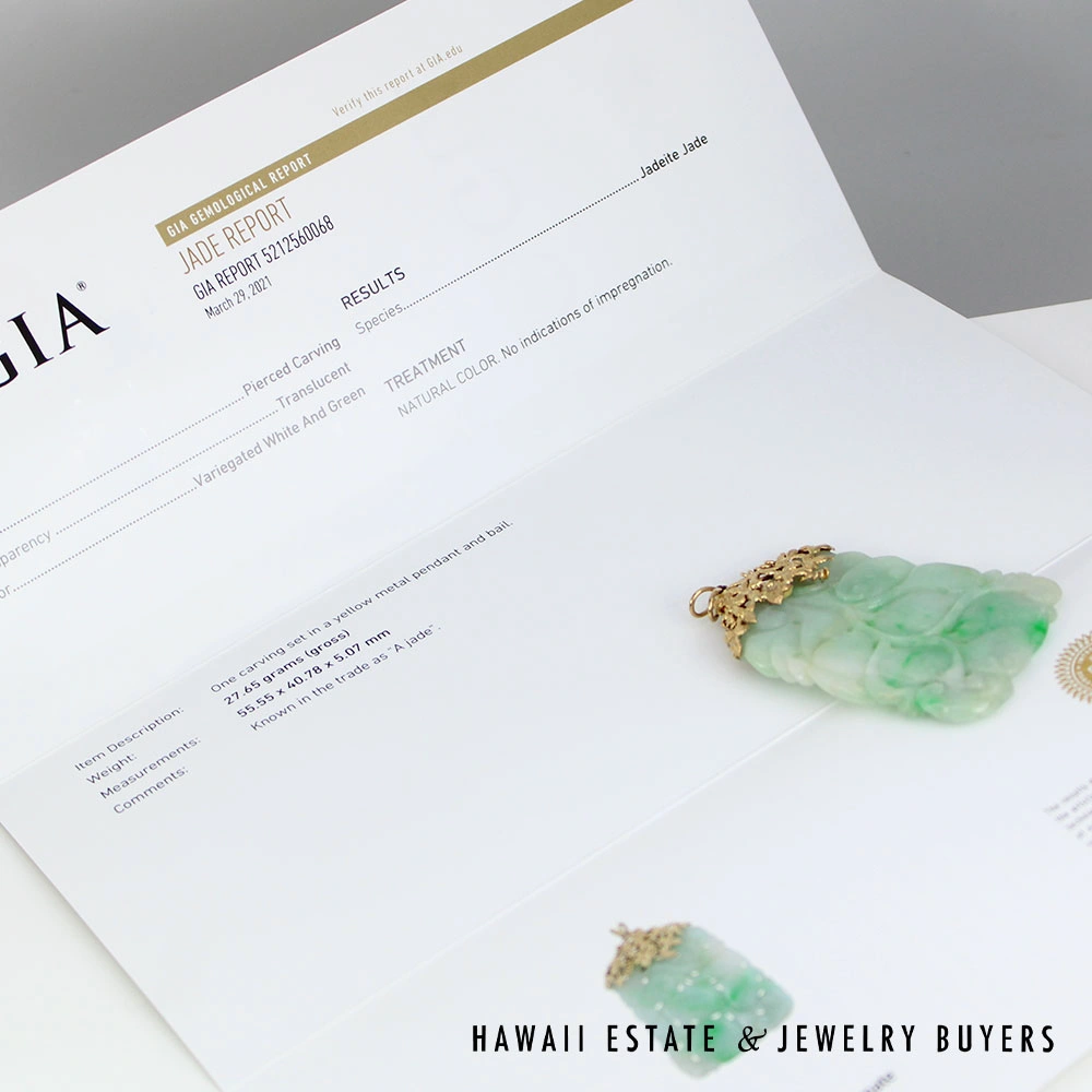 GIA Natural Jadeite Jade Pale Green Carved Gourd Leaves Yellow Gold Pendant - Image 2
