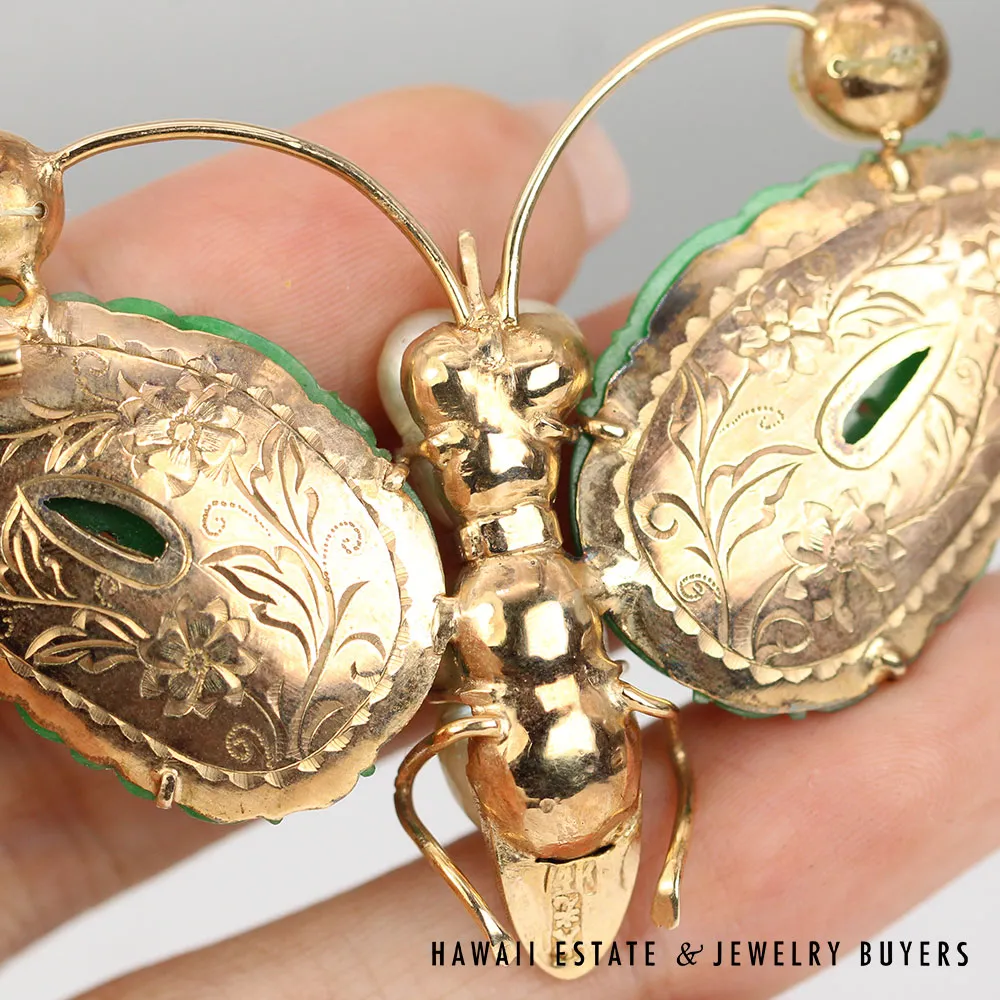 GIA Natural A Jadeite Jade Green Baroque Pearl Yellow Gold Butterfly Brooch Pin - Image 7