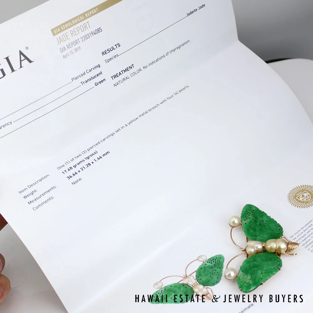 GIA Natural A Jadeite Jade Green Baroque Pearl Yellow Gold Butterfly Brooch Pin - Image 2