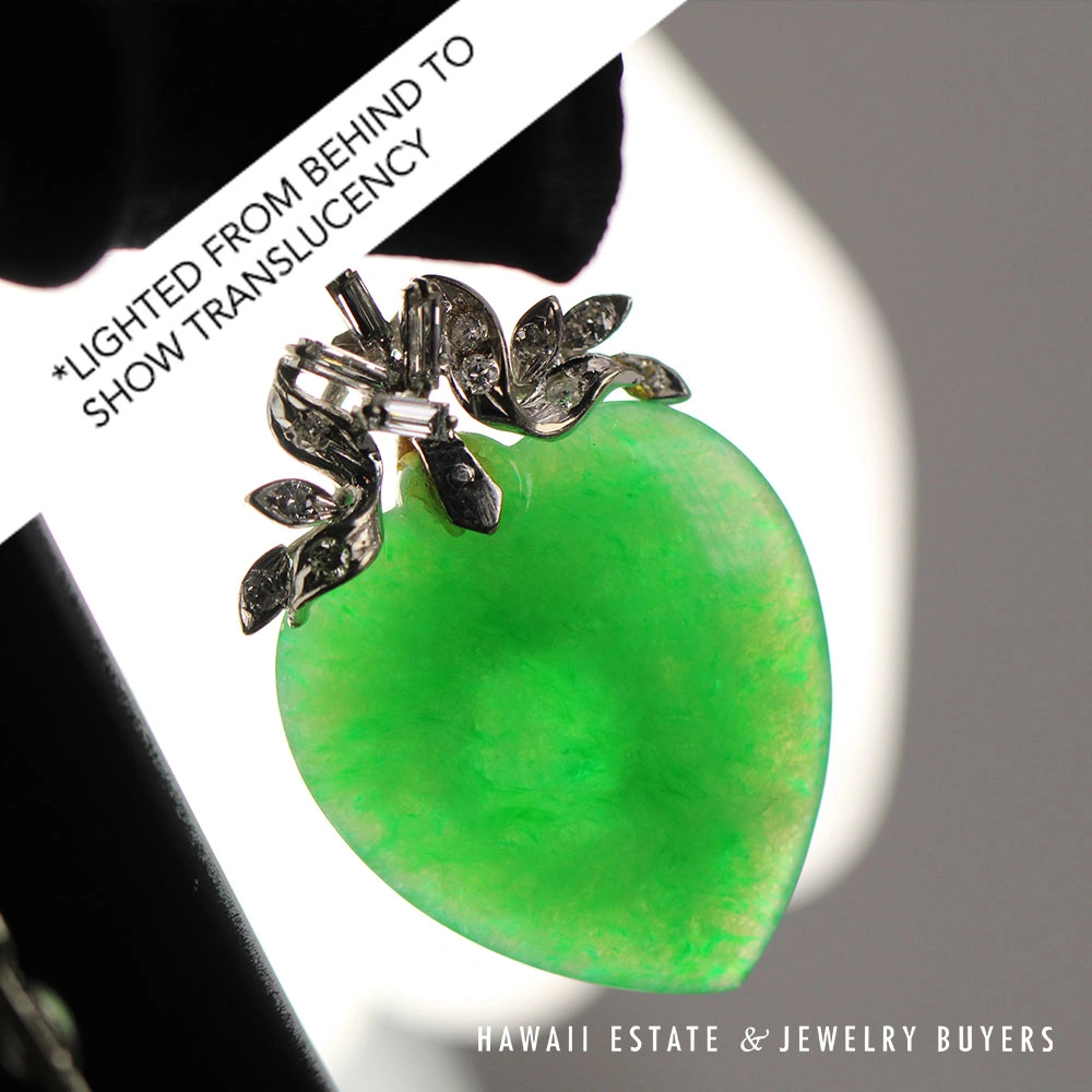GIA Rare Apple Green Jade Shield 0.25ctw Diamond 18K White Gold Pendant Necklace - Image 7
