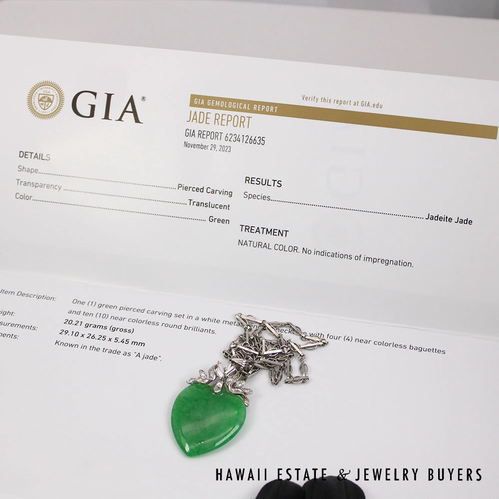GIA Rare Apple Green Jade Shield 0.25ctw Diamond 18K White Gold Pendant Necklace - Image 8