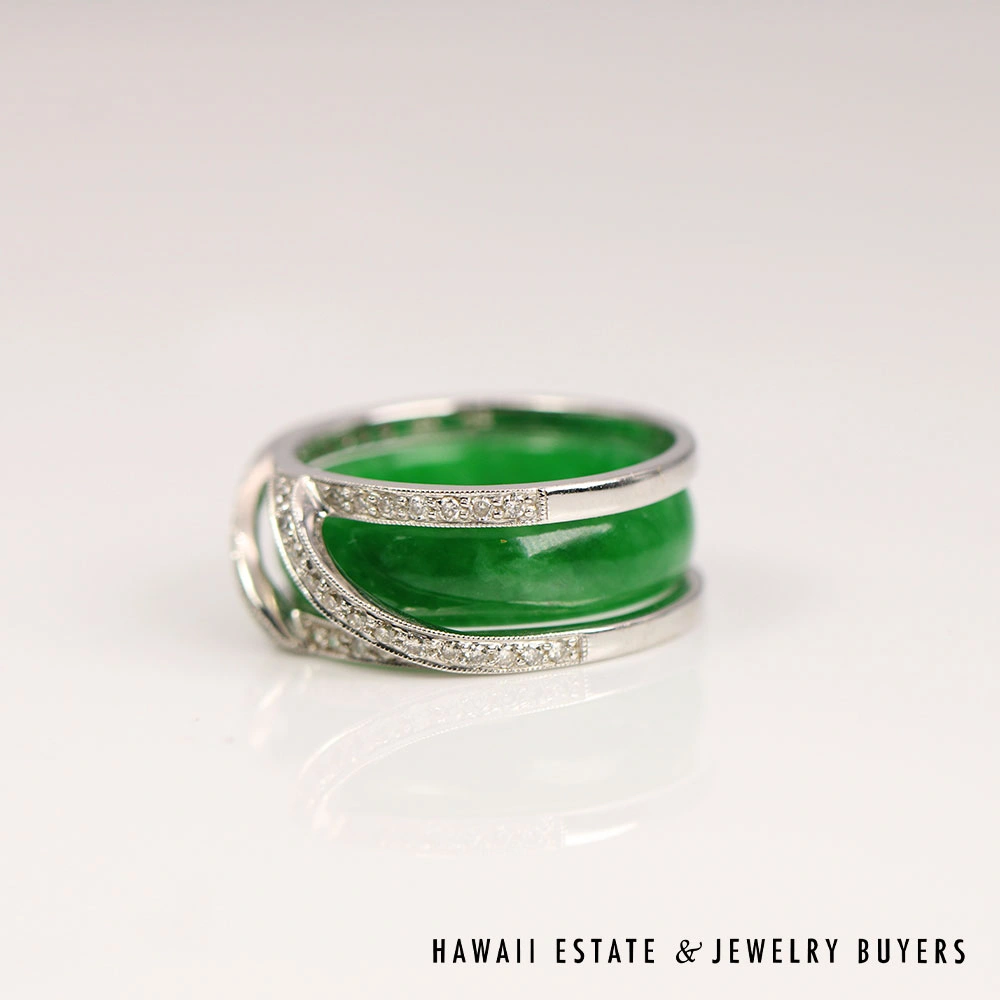GIA Jadeite Jade & 0.25CTW Diamond 18K White Gold Ring Size 6 - Image 3