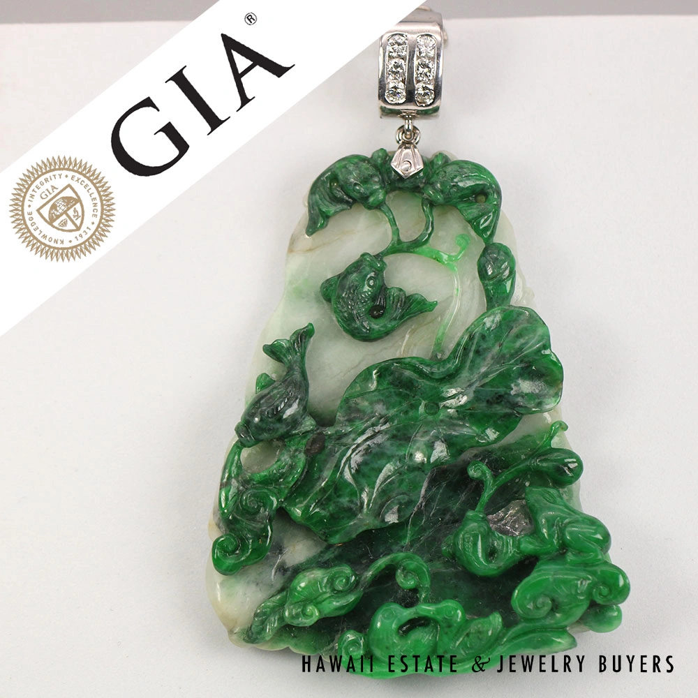 GIA Carved Moss in Snow Jadeite Jade & 0.60ctw Diamond 18K White Gold Pendant