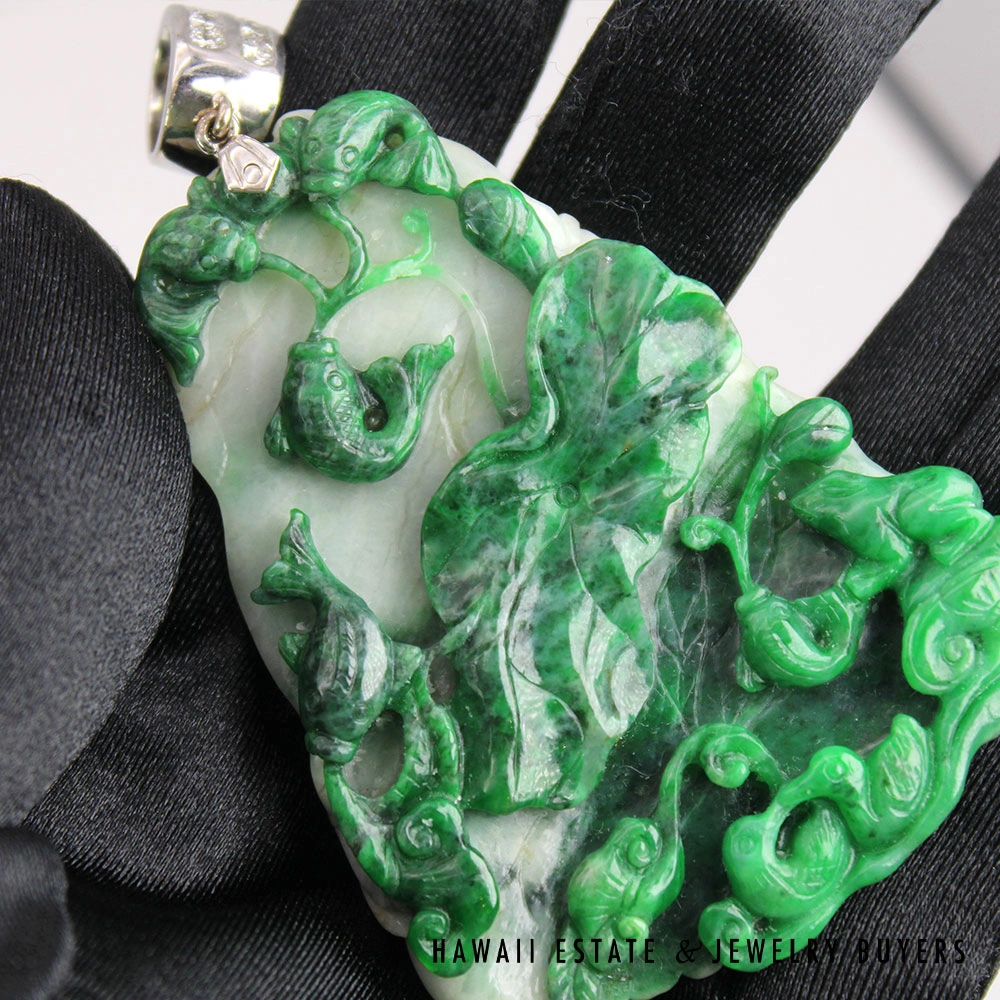 GIA Carved Moss in Snow Jadeite Jade & 0.60ctw Diamond 18K White Gold Pendant - Image 3