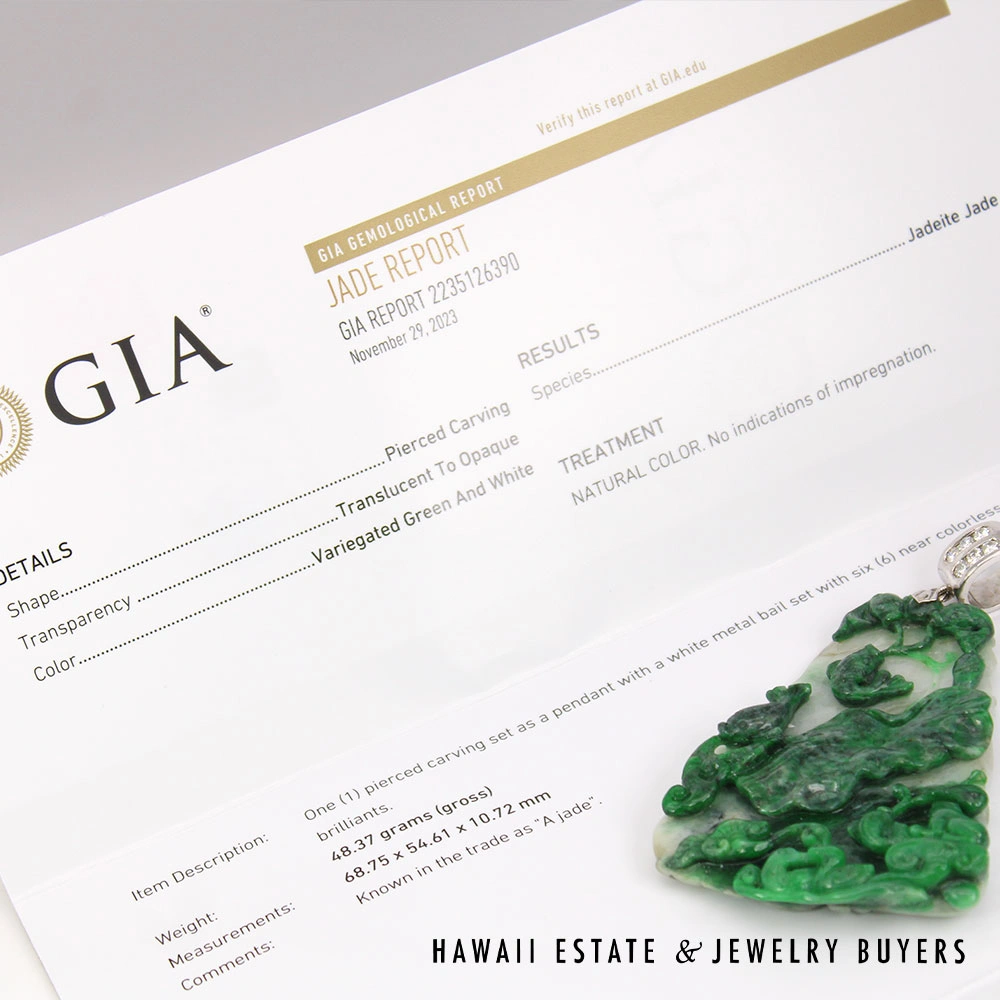 GIA Carved Moss in Snow Jadeite Jade & 0.60ctw Diamond 18K White Gold Pendant - Image 2