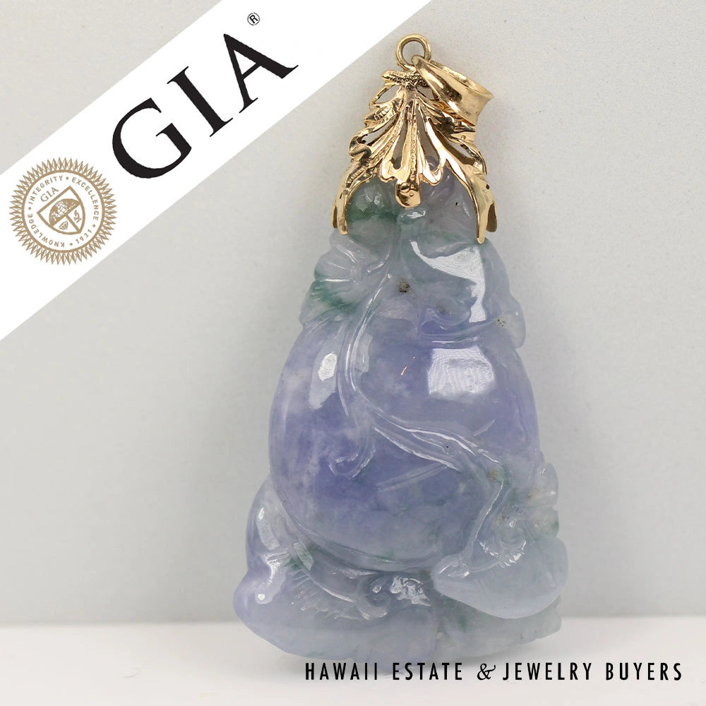 GIA Lavender Violet and Green-Gray Jade Carved 14K Yellow Gold 16.5g Pendant